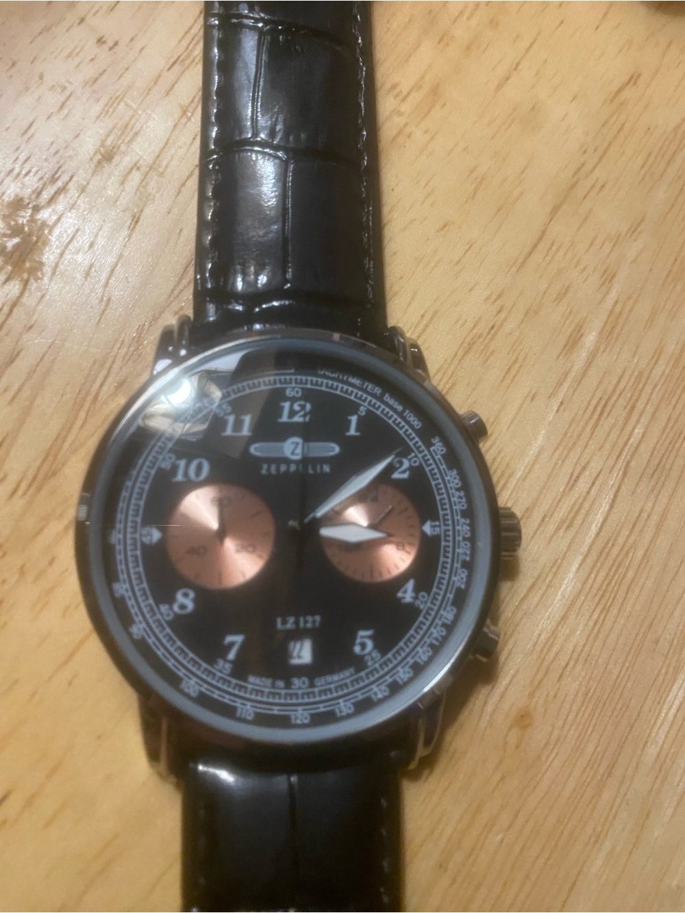 New Homage Zeppelin Men’s Black Leather Chronograph Watch with Rose Subdials